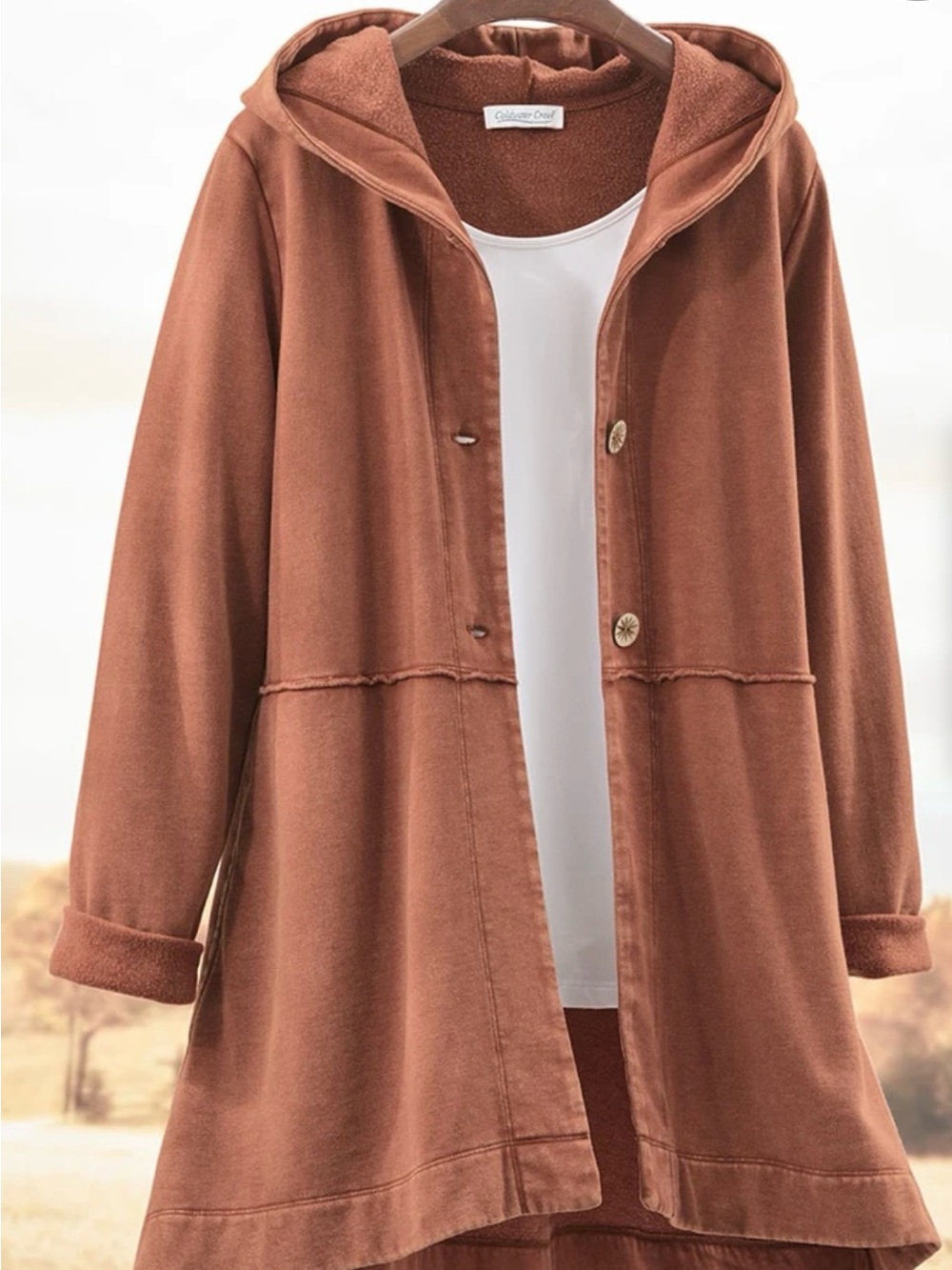 Coldwater Creek Rust Brown Hooded Long Cardigan